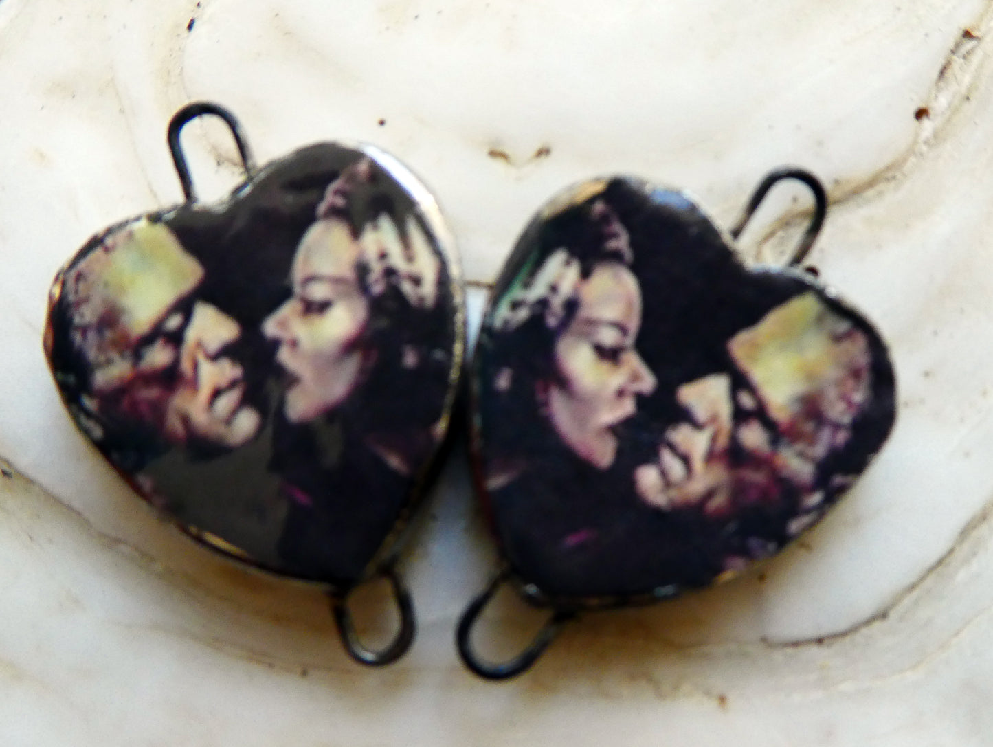 Ceramic Monstor and Bride Decal Heart Connectors #1