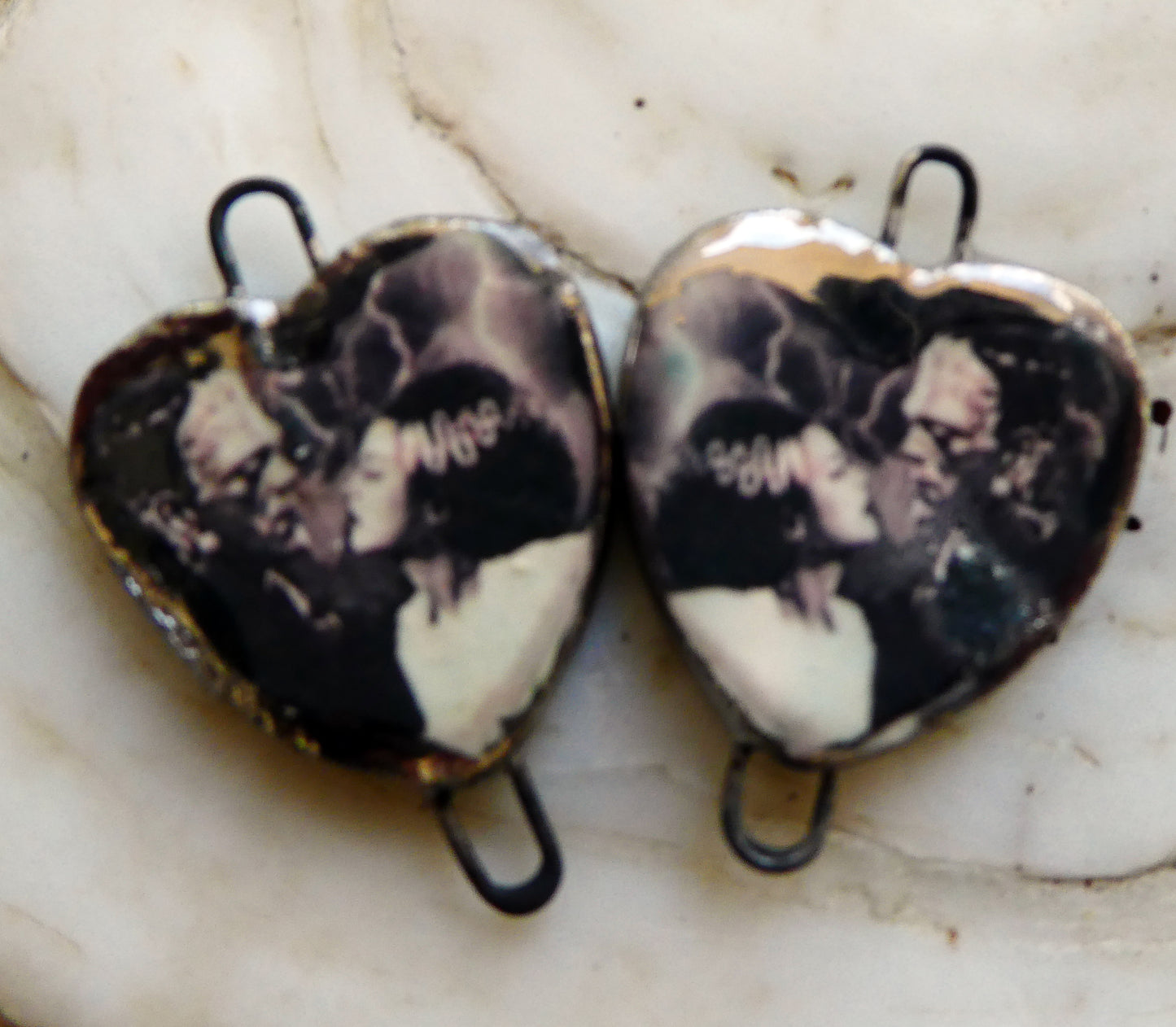 Ceramic Monstor and Bride Decal Heart Connectors #2