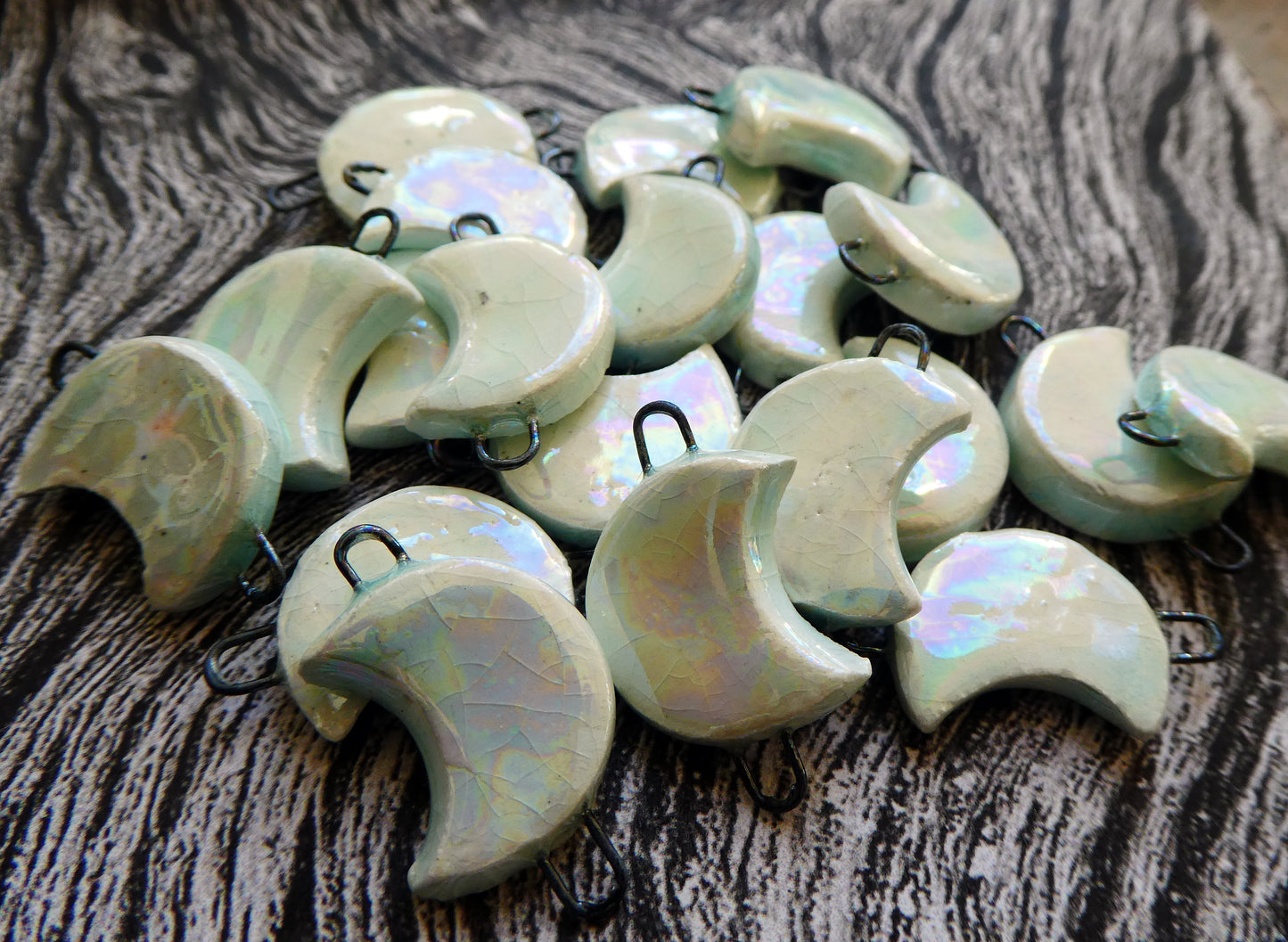 Ceramic Crescent Moon Earring Connectors -Mother of Pearl Lustre