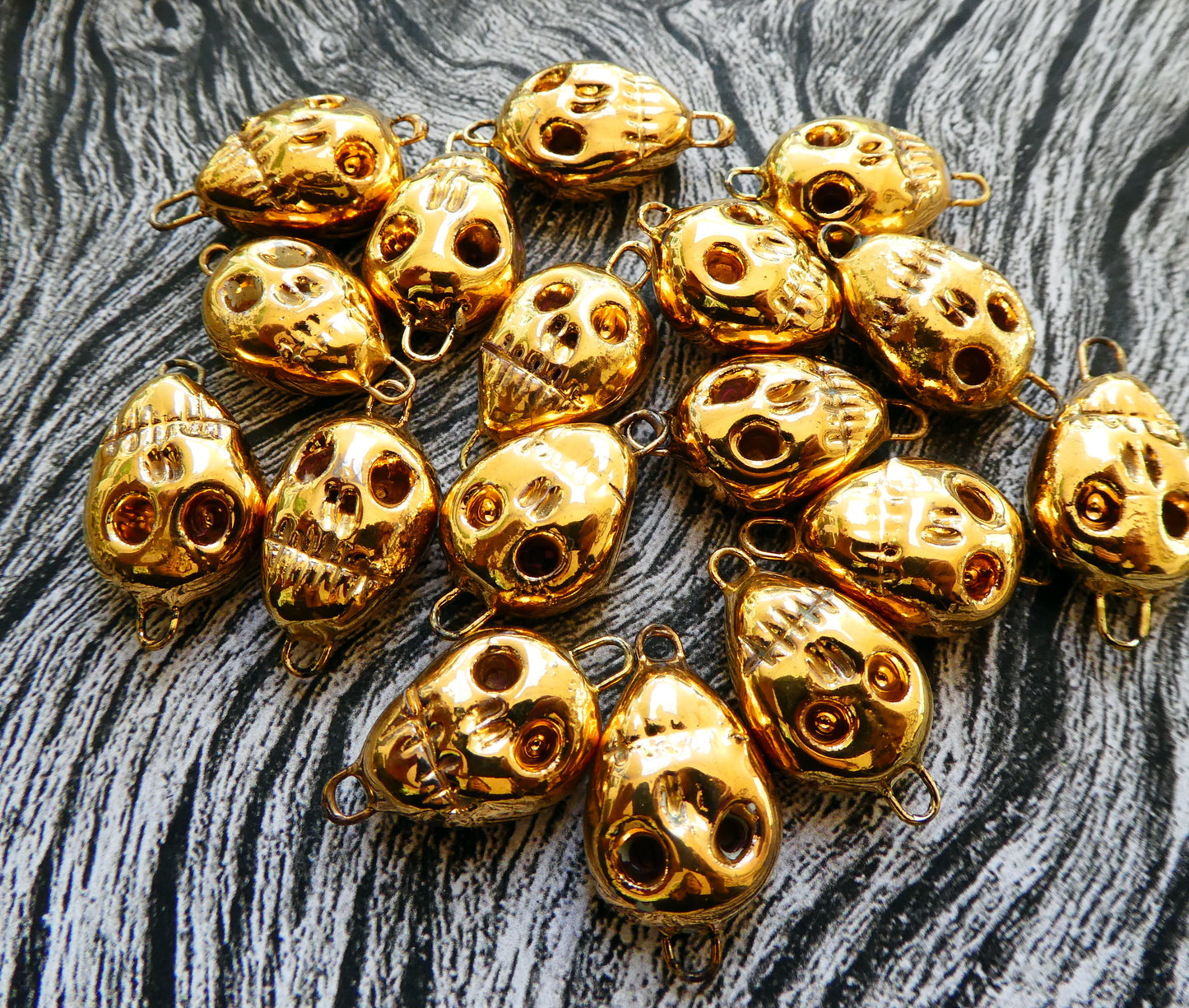 Ceramic Skull Earring Connectors -Gold Lustre