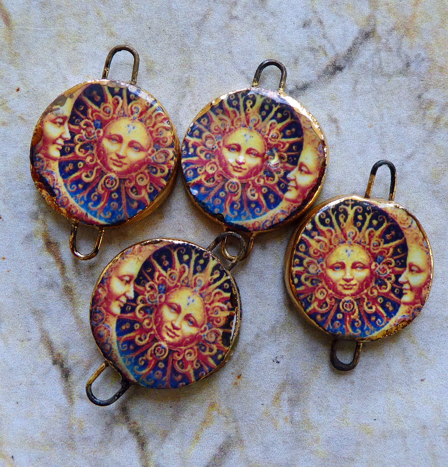 Ceramic Little Disc Vintage Sun and Moon Decal Earring Connectors #5