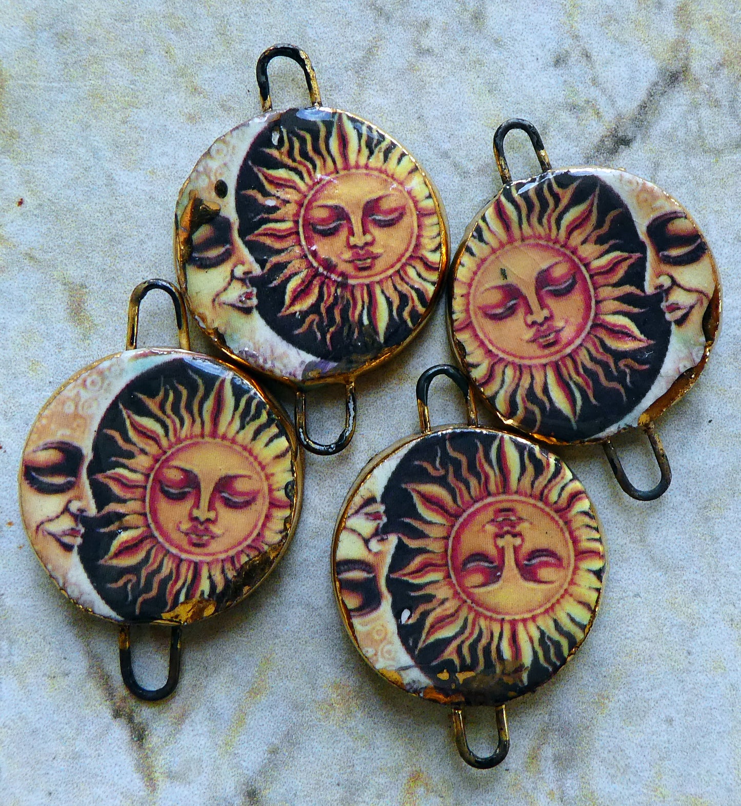 Ceramic Little Disc Vintage Sun and Moon Decal Earring Connectors #6