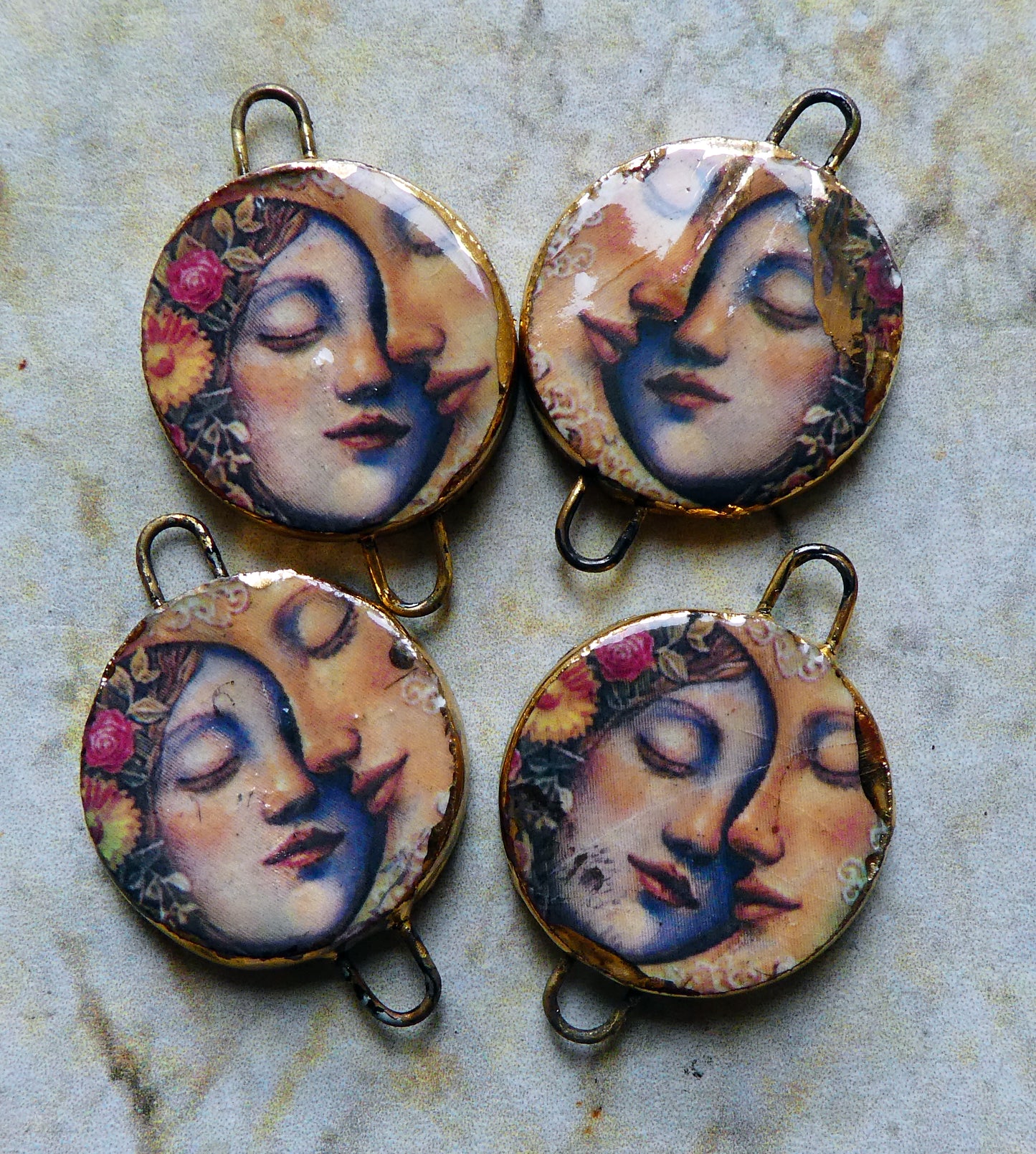 Ceramic Little Disc Vintage Sun and Moon Decal Earring Connectors #10