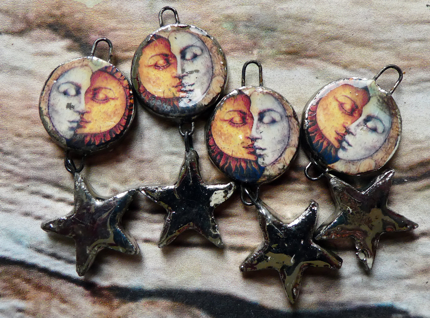 Ceramic Vintage Sun and Moon Decal and Star Earring Dangles #9