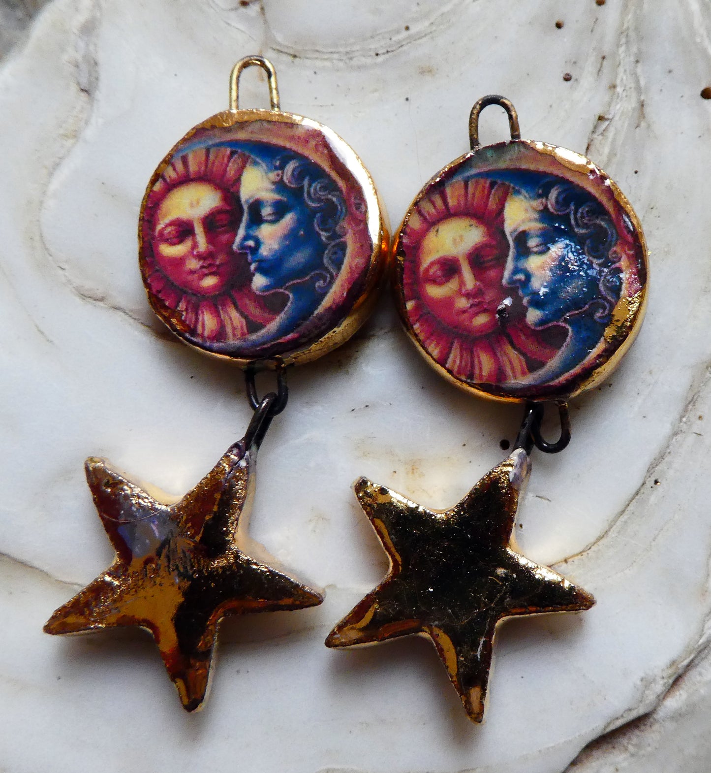 Ceramic Vintage Sun and Moon Decal and Star Earring Dangles #11