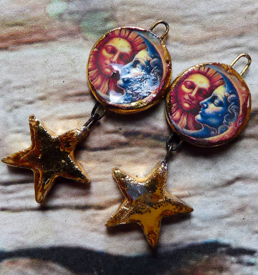 Ceramic Vintage Sun and Moon Decal and Star Earring Dangles #11
