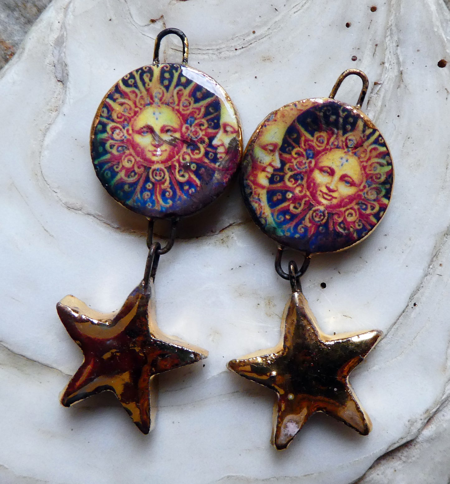 Ceramic Vintage Sun and Moon Decal and Star Earring Dangles #13