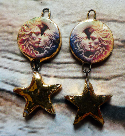 Ceramic Vintage Sun and Moon Decal and Star Earring Dangles #15