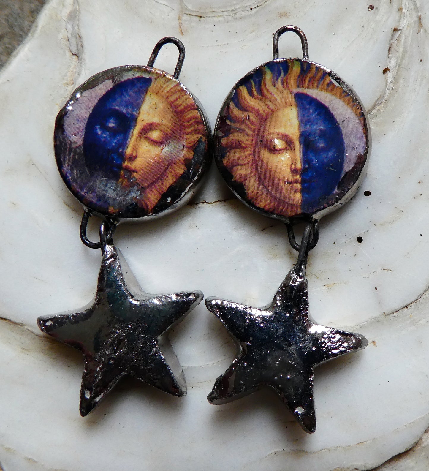 Ceramic Vintage Sun and Moon Decal and Star Earring Dangles #16