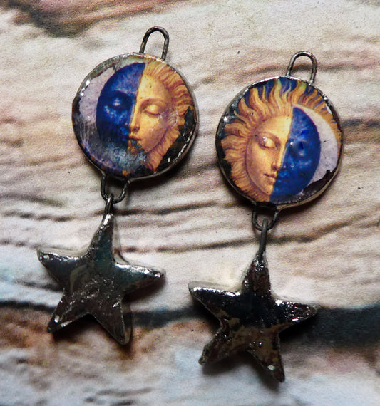 Ceramic Vintage Sun and Moon Decal and Star Earring Dangles #16