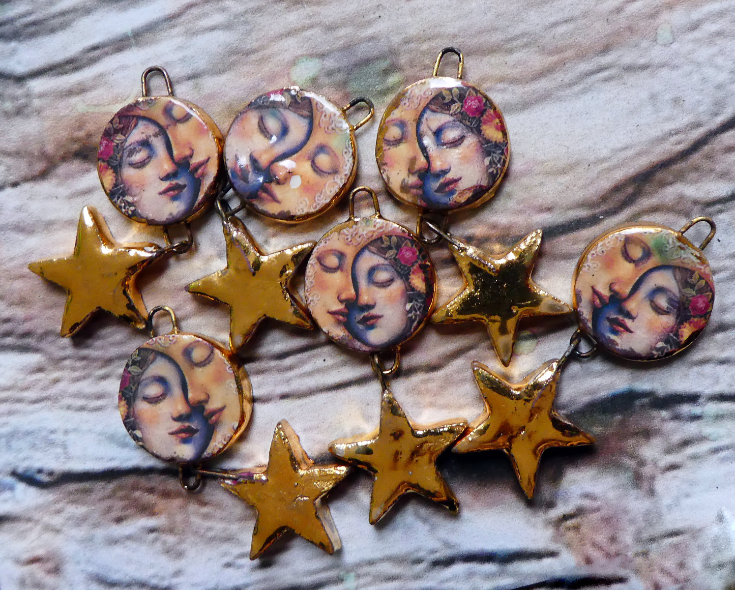 Ceramic Vintage Sun and Moon Decal and Star Earring Dangles #17