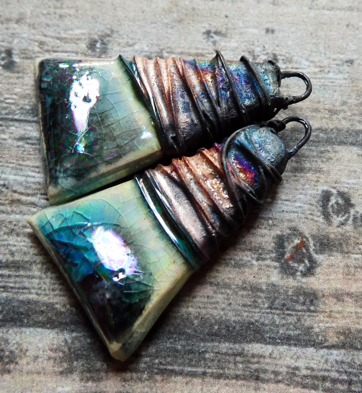 Ceramic Wire Wrapped Lustrous Wedge Charms - Smoke and Ice