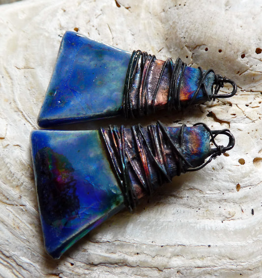 Ceramic Wire Wrapped Lustrous Wedge Charms - Soft Blue
