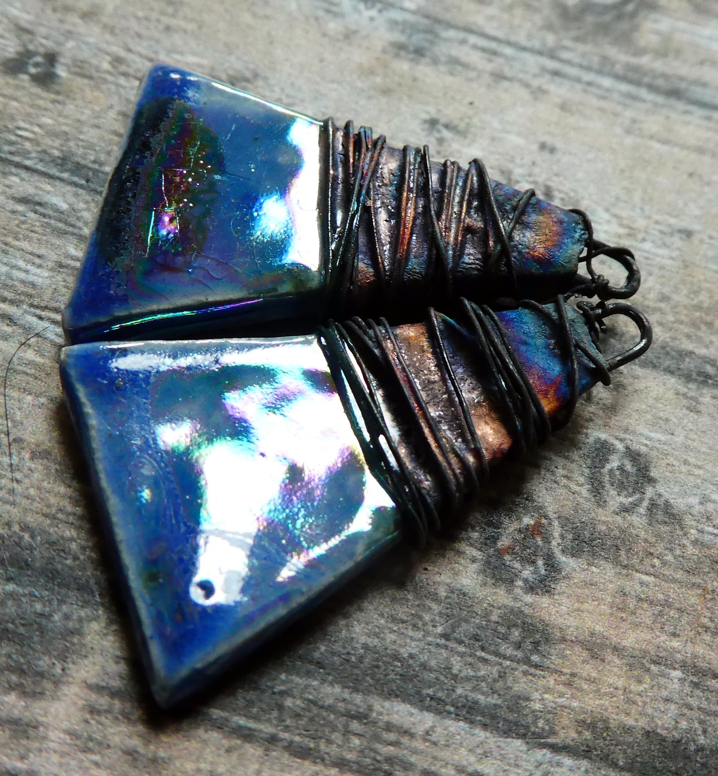 Ceramic Wire Wrapped Lustrous Wedge Charms - Soft Blue