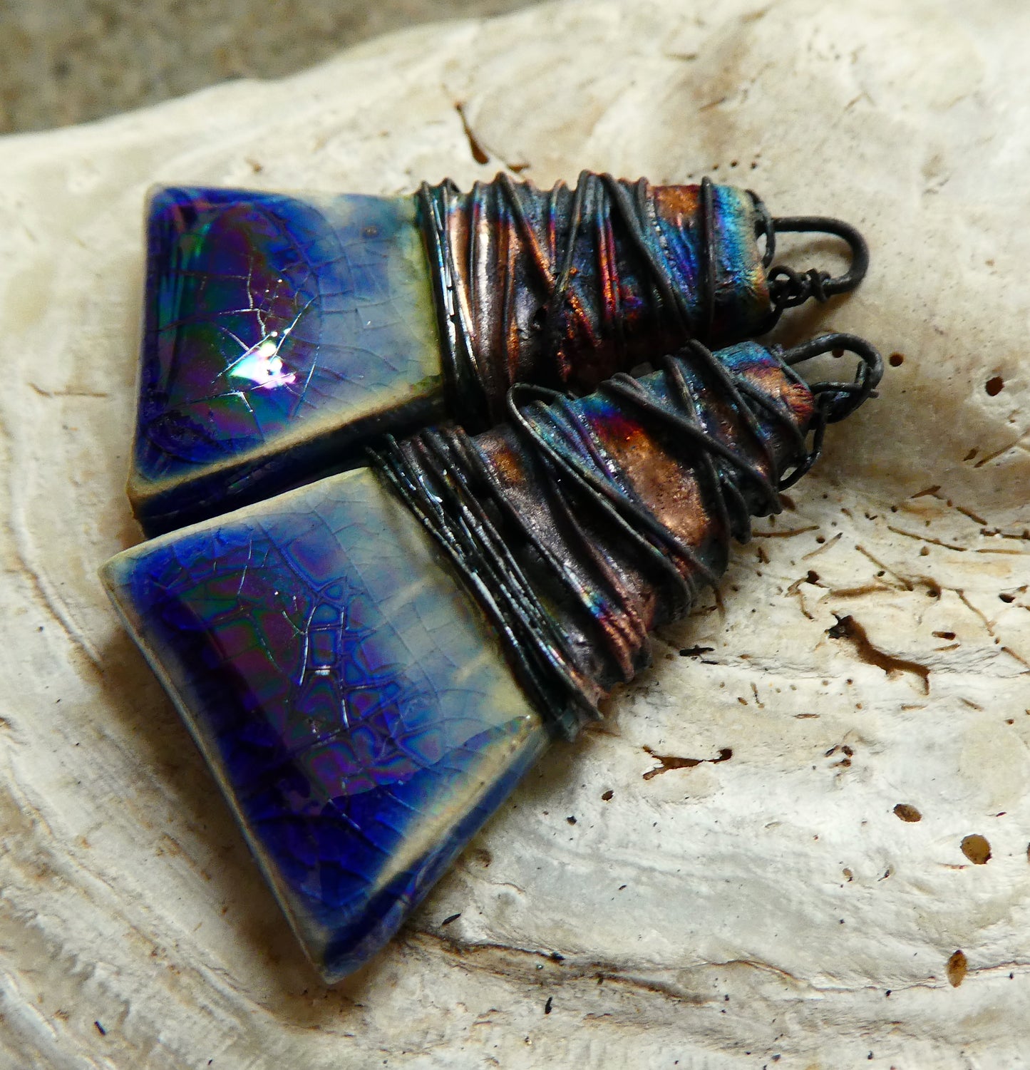 Ceramic Wire Wrapped Lustrous Wedge Charms - Royal Blue Crackle