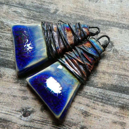 Ceramic Wire Wrapped Lustrous Wedge Charms - Royal Blue Crackle