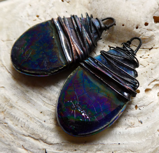 Ceramic Wire Wrapped Lustrous Teardrop Charms -Mirror Blue