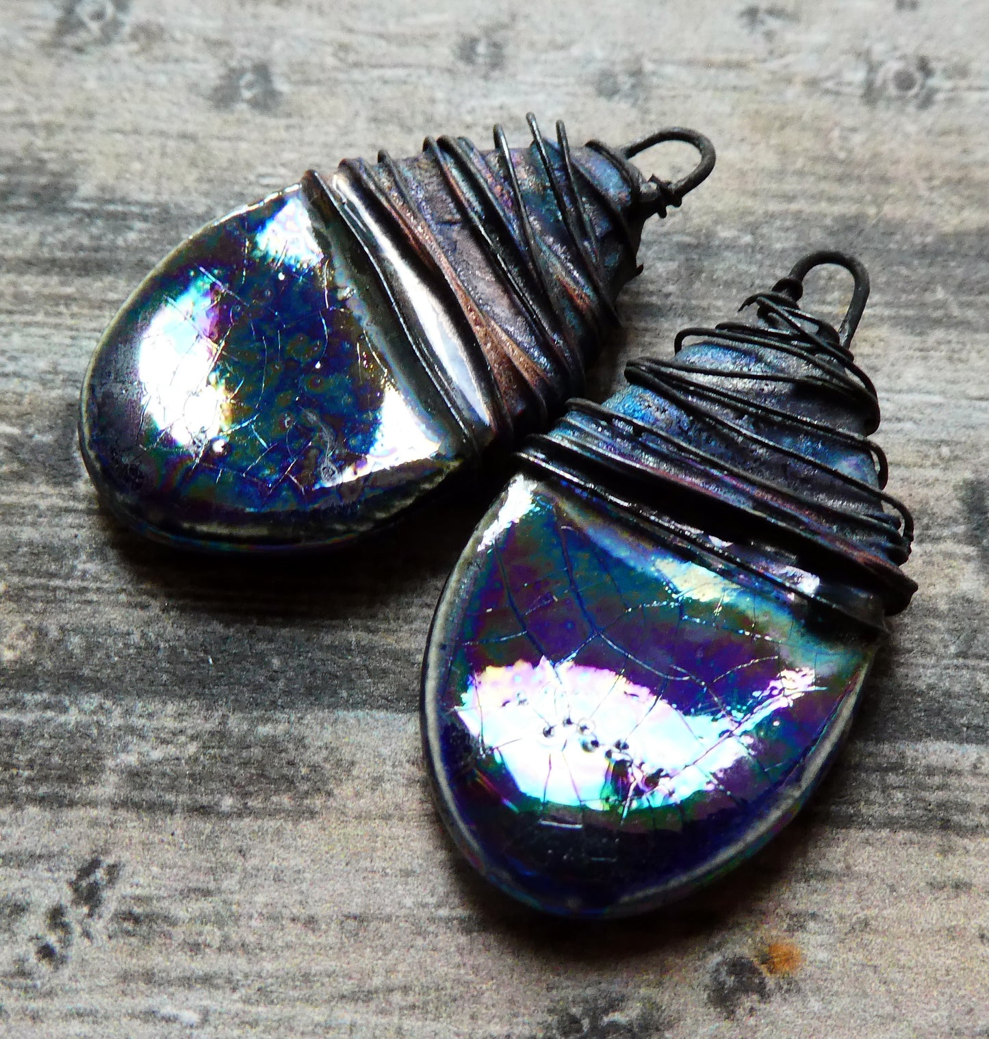 Ceramic Wire Wrapped Lustrous Teardrop Charms -Mirror Blue