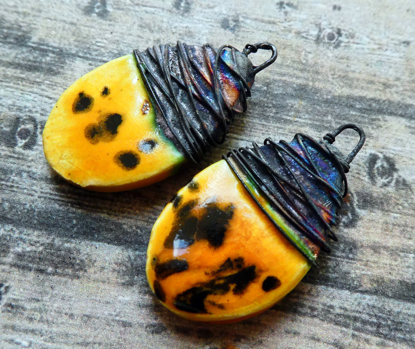 Ceramic Wire Wrapped Lustrous Teardrop Charms -Papaya