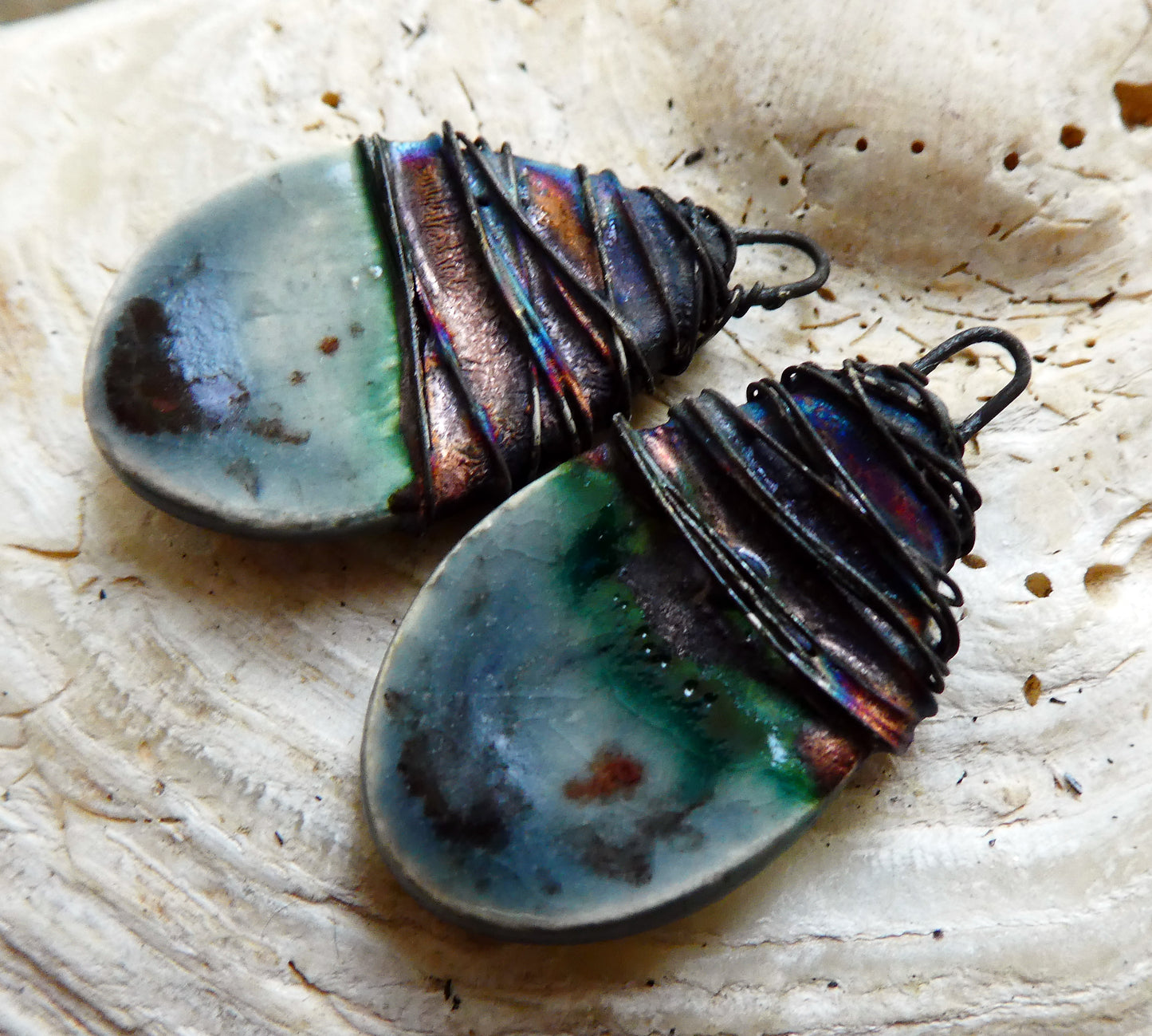 Ceramic Wire Wrapped Teardrop Charms -Dove Grey