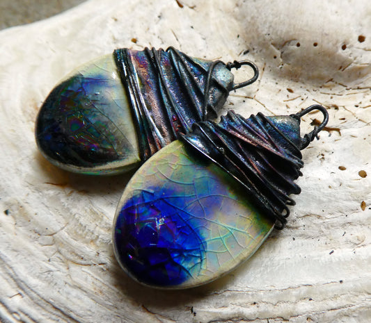 Ceramic Wire Wrapped Lustrous Teardrop Charms -Smoke and Ice