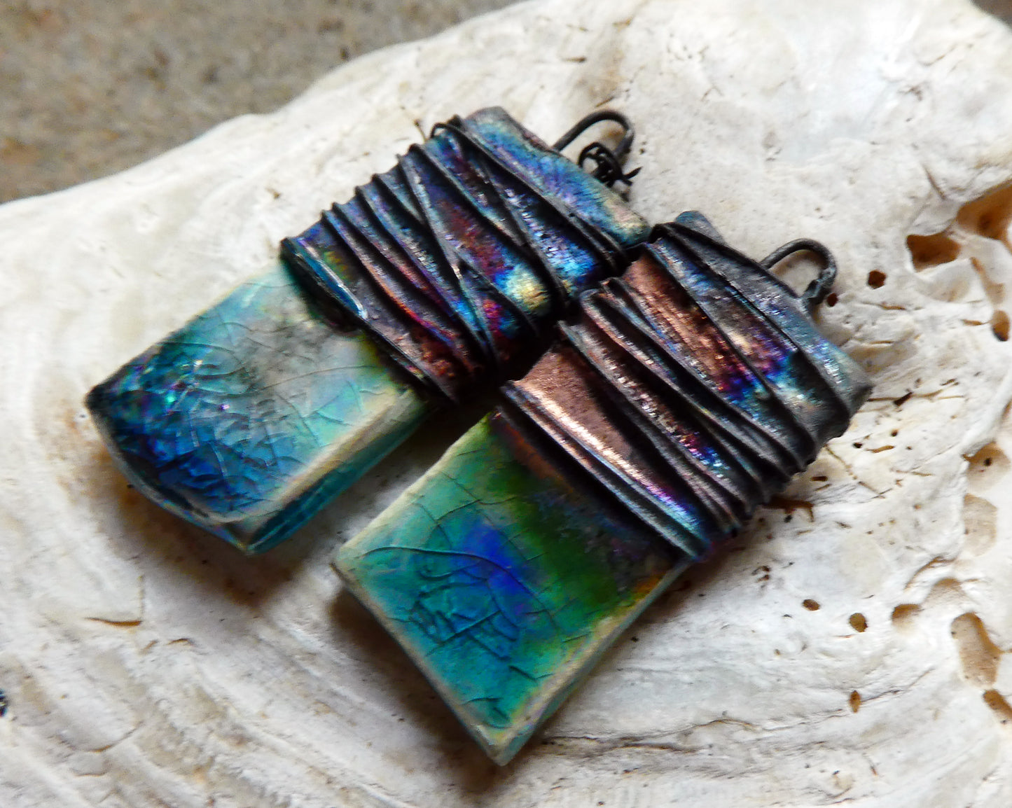 Ceramic Wire Wrapped Lustrous Tablet Charms -Nebula