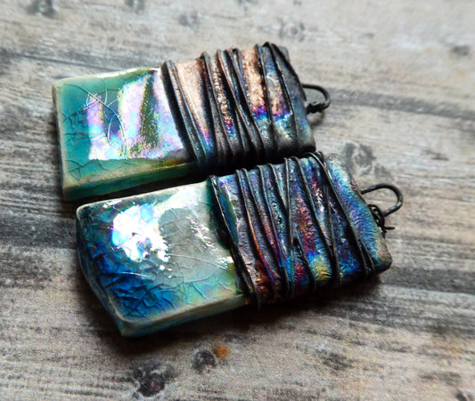 Ceramic Wire Wrapped Lustrous Tablet Charms -Nebula