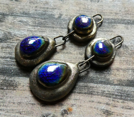 Ceramic Lustrous Moulded Teardrop Dangles -Royal Blue Crackle