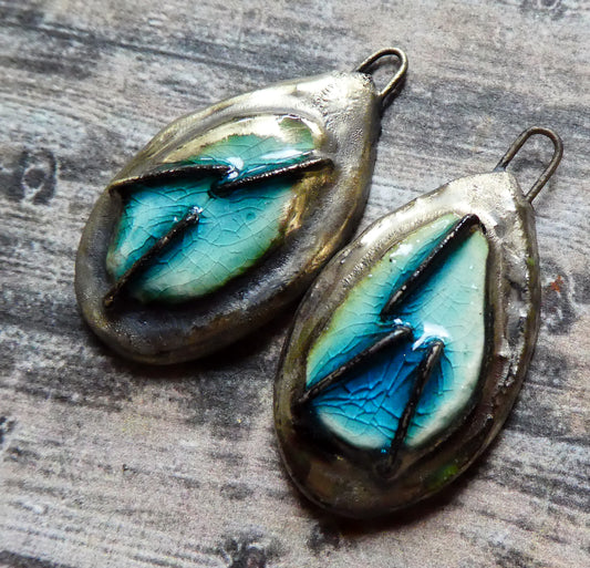 Ceramic Moulded Teardrop Stapled Charms - Oriental Blue