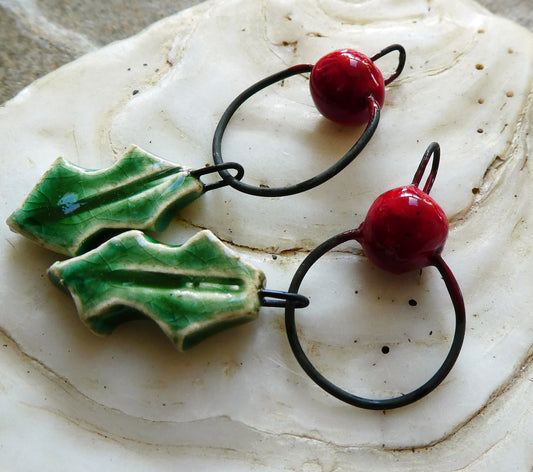Ceramic Holly Leaf and Berry Earring Dangles