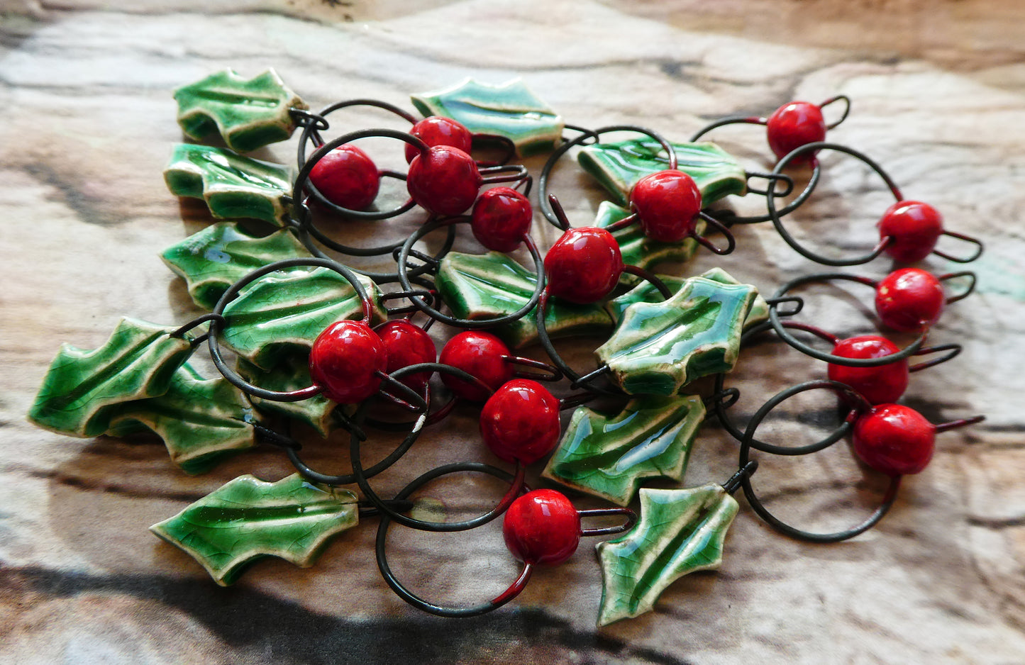 Ceramic Holly Leaf and Berry Earring Dangles