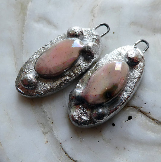 Ceramic Lustrous Silvery Granule Oval Charms - Morganite