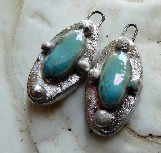 Ceramic Lustrous Silvery Granule Oval Charms - Larimar