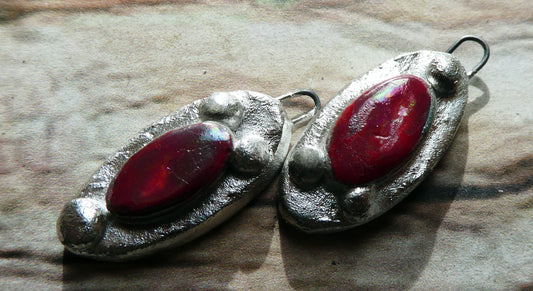 Ceramic Lustrous Silvery Granule Oval Charms - Red