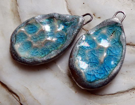 Ceramic Lustrous Silvery Icy Pool Charms - Aquamarine Crackle