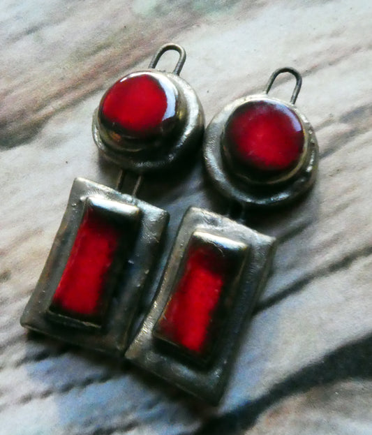 Ceramic Moulded Disc and Rectangle Charms -Red