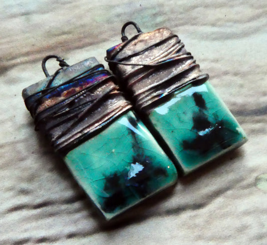 Ceramic Wire Wrapped Tablet Charms -Ocean Mist