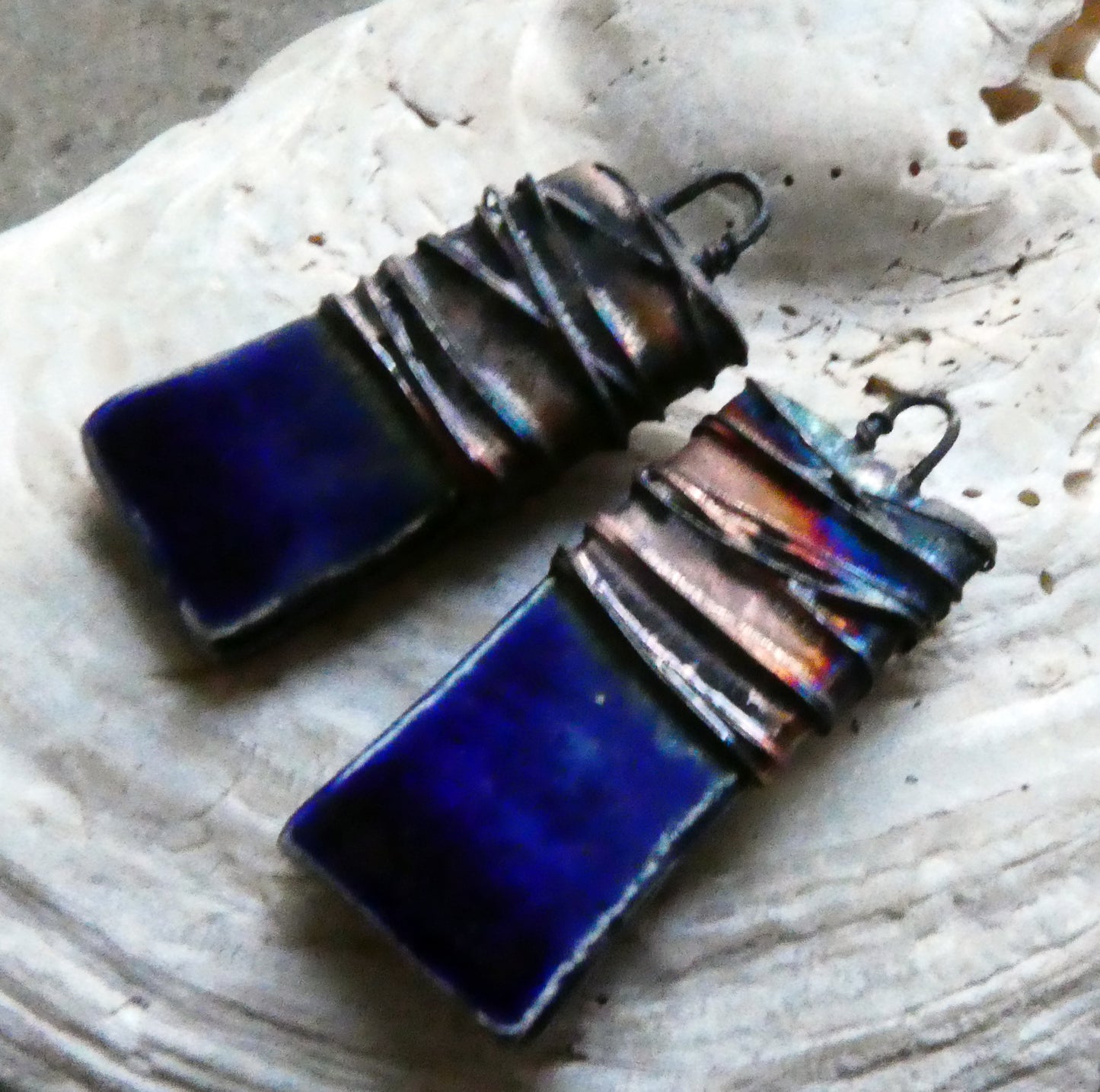 Ceramic Wire Wrapped Tablet Charms -Mirror Blue