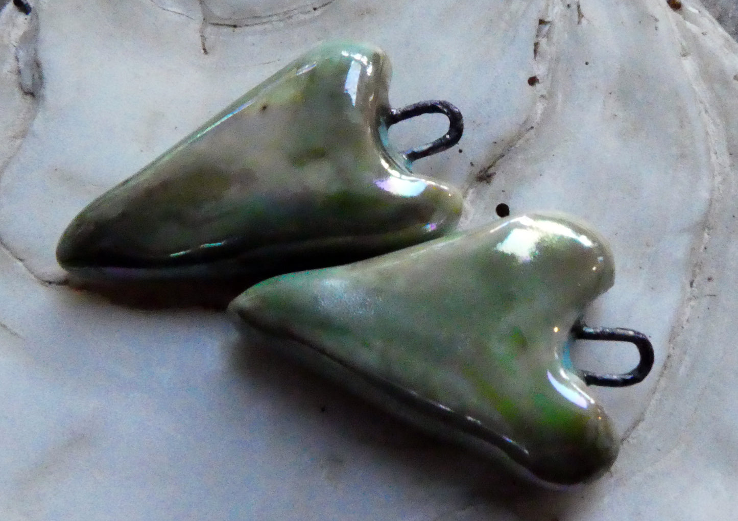 Ceramic Lustrous Long Heart Earring Charms - Celadon