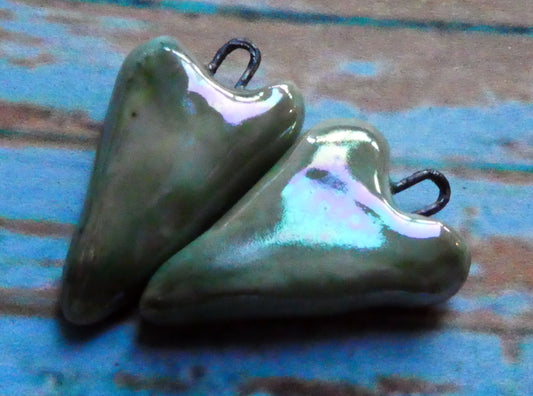 Ceramic Lustrous Long Heart Earring Charms - Celadon