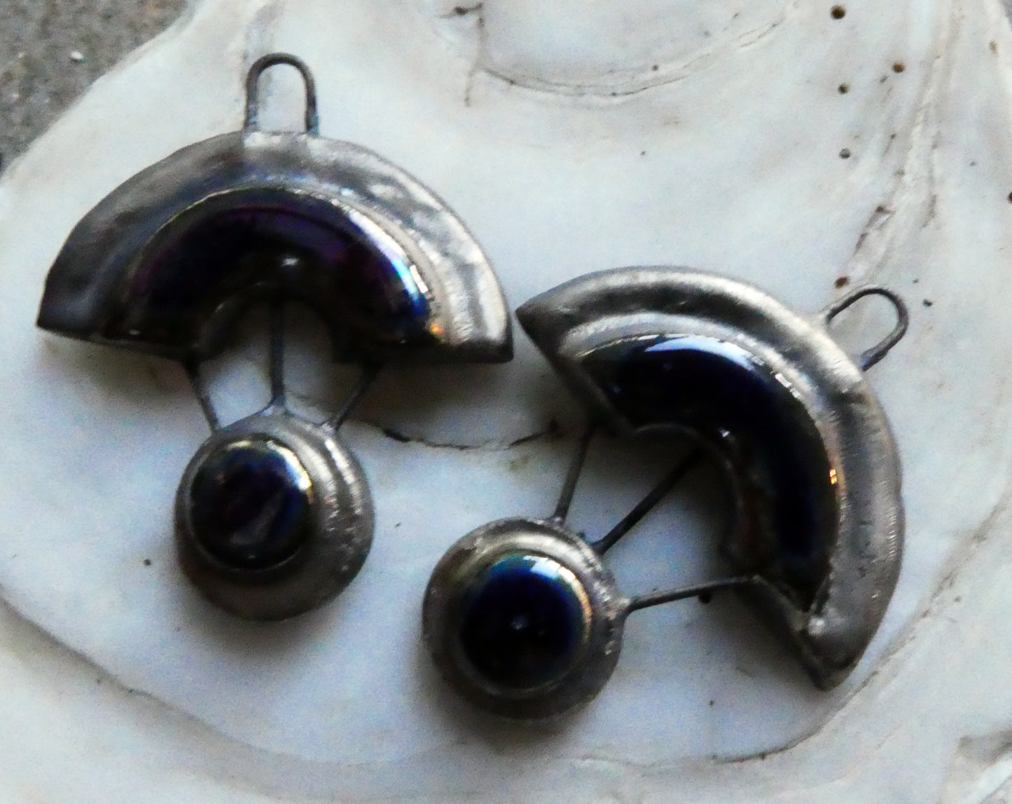 Ceramic Moulded Scoop and Disc Charms - Mirror Blue