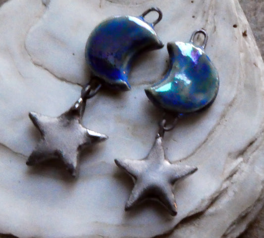 Ceramic Moon and Star Earring Dangles- Soft Blue