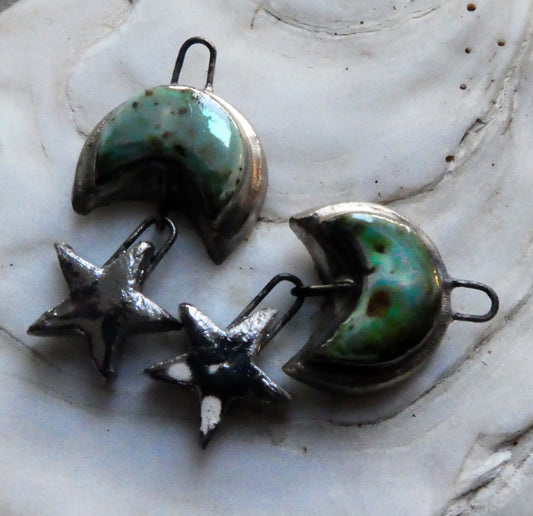 Ceramic Lustrous Moulded Moon and Star Earring Dangles- Blue Guppy