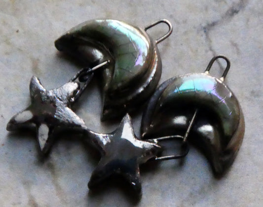 Ceramic Lustrous Moulded Moon and Star Earring Dangles- Aquamarine Crackle