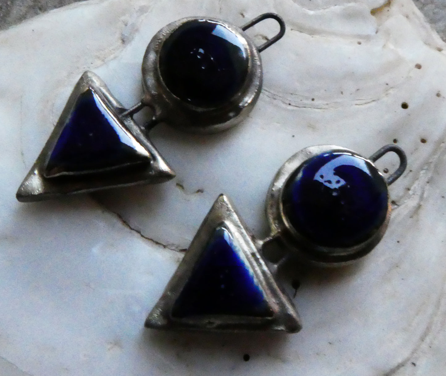 Ceramic Moulded Disc and Triangle Charms -Mirror Blue