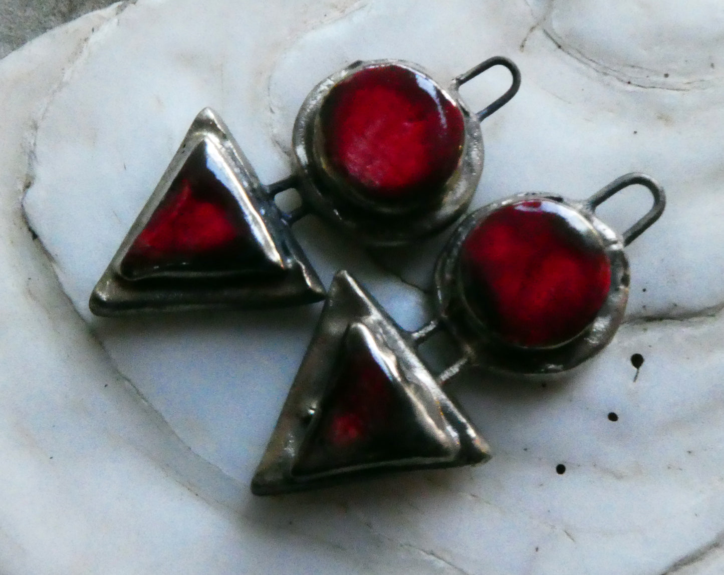 Ceramic Moulded Disc and Triangle Charms -Red
