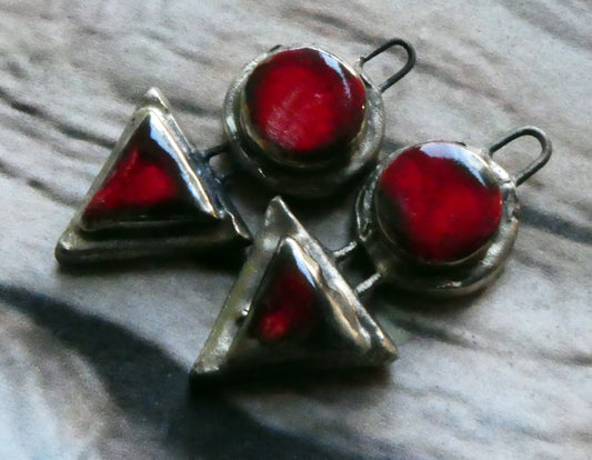 Ceramic Moulded Disc and Triangle Charms -Red