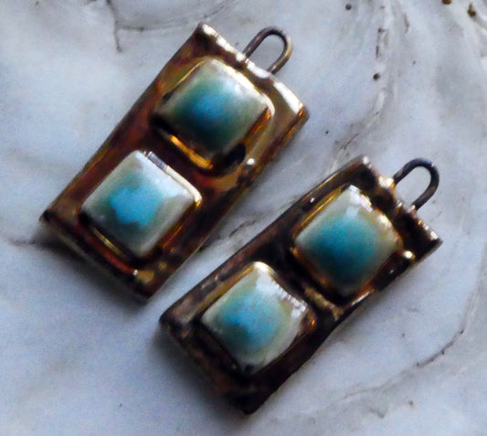 Ceramic Moulded Square Tablet Charms -Blue Ice and Gold