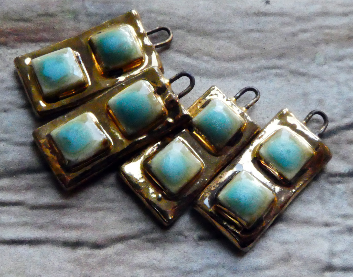Ceramic Moulded Square Tablet Charms -Blue Ice and Gold