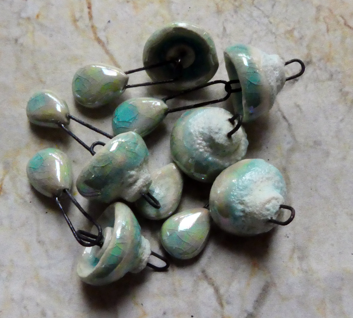 Ceramic Lustrous Snowy Cap and Dangle Dangles -Aquamarine Crackle